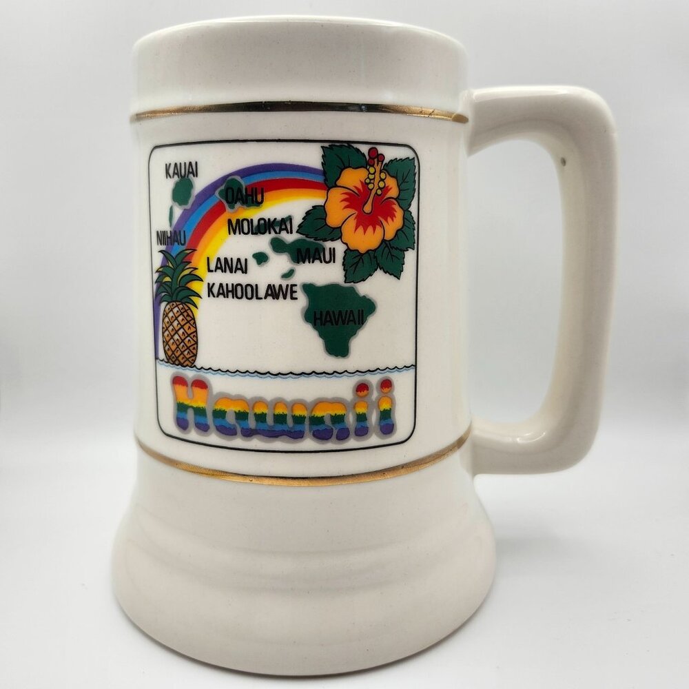 Vtg Hawaii Ceramic Stein Mug Rainbow Islands Map Design 32oz Hibiscus Pineapple